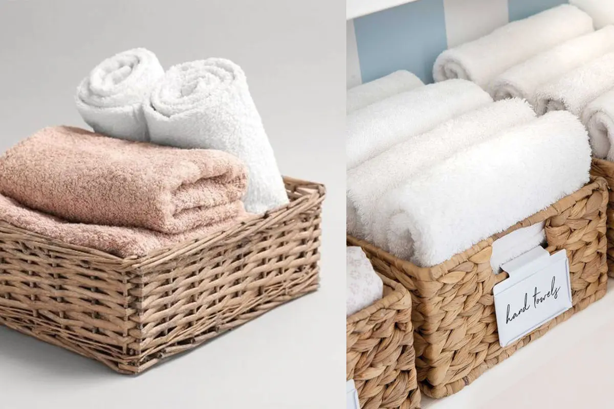 towels organized in labeled basket and bins