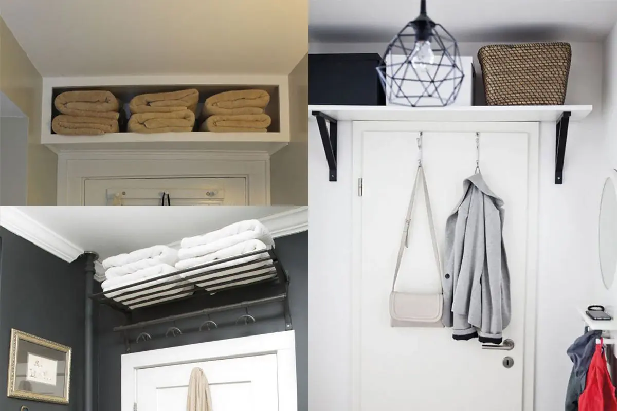 toallas almacenadas sobre la puerta con estantes para un espacio mínimo