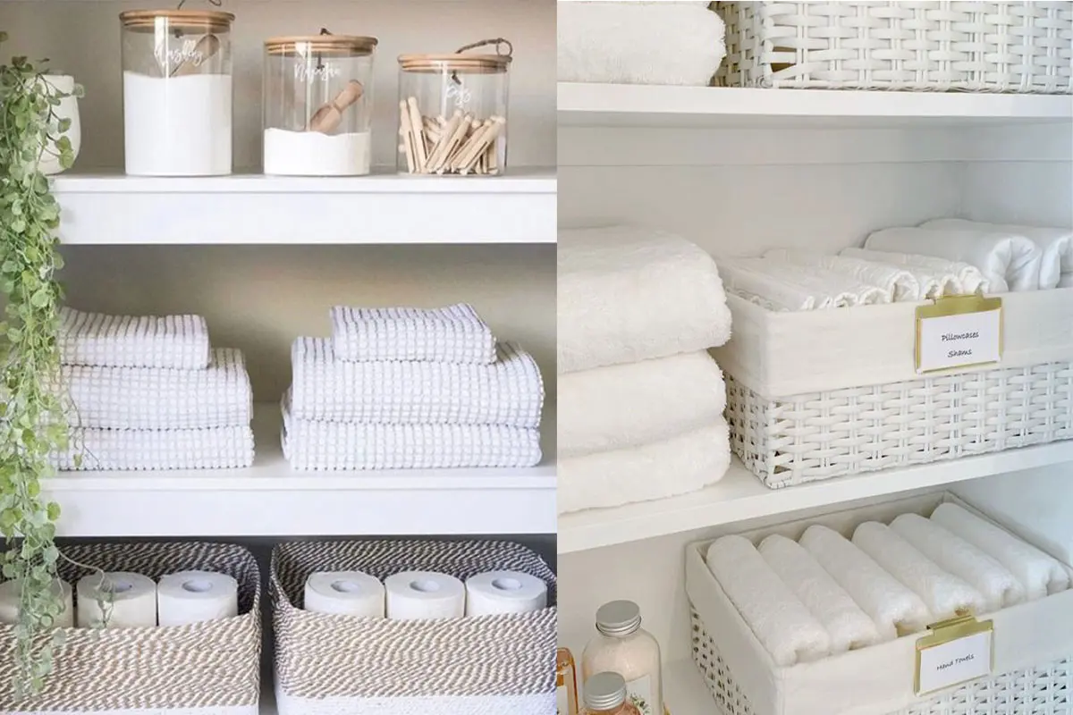 Weiße Handtücher, nach Größe und Typ organisiert.